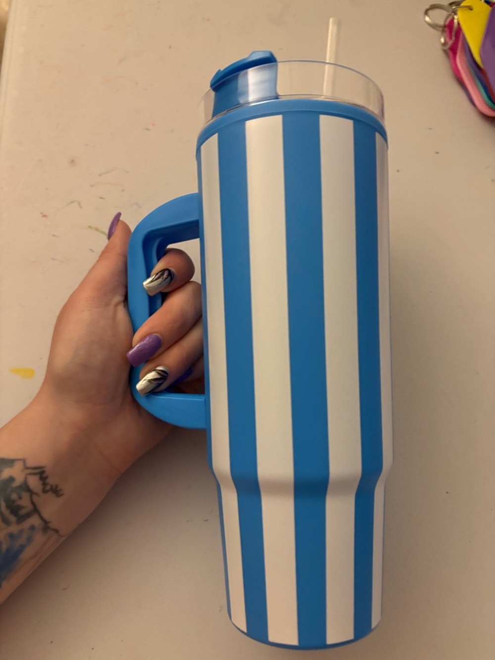 Blue and White Striped Travel Tumbler with Handle